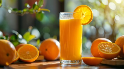 Naklejka premium A glass of orange juice is poured into a glass on a table. There are several oranges on the table, some of which have been cut in half