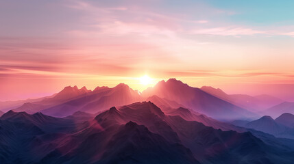 A breathtaking sunrise over misty mountains with vibrant colors and serene landscape, capturing nature's beauty and the peace of dawn.
