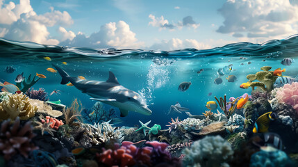 Fototapeta premium A vibrant underwater scene featuring colorful coral reefs, diverse marine life, and a majestic dolphin swimming through the clear blue waters.