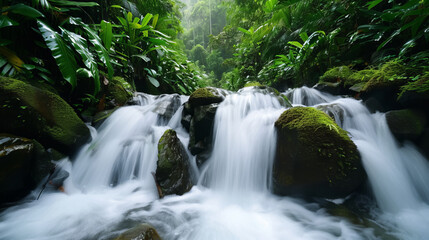 Fototapeta premium A serene waterfall flowing through a lush, green rainforest, surrounded by vibrant flora and moss-covered rocks.