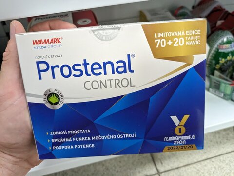 Prague, Czech Republic - July 10 2024: PROSTENAL CONTROL box of medication with SAW PALMETTO active substance by WALMARK, used for prostate health and urinary symptoms.

