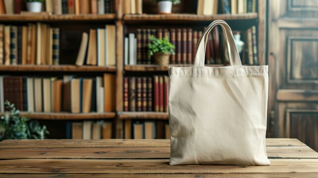 Beige canvas tote bag mockup template on wooden table in library. Eco friendly totebag mock up made of natural cotton. Reusable shopper ecobag canvas for design