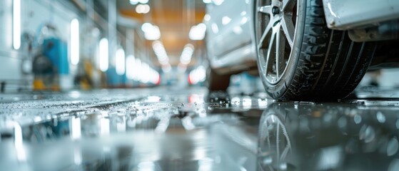 Fototapeta premium Precision in Progress: Close-up of Painting Car Wheels in Spray Booth