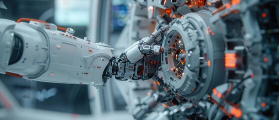 Obraz premium Precision Robotics in Automotive Manufacturing: Robotic Arms Assembling Car Wheel Components