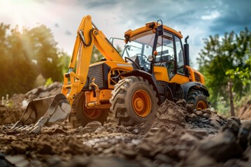 Obraz premium Close-Up of Crawler Backhoe on Soil. Beautiful simple AI generated image in 4K, unique.