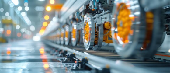 Automotive Production Line with Car Wheels Moving on Conveyor Belt in Factory Setting