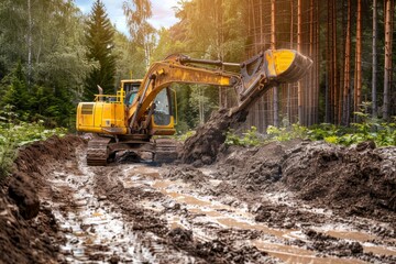 Close-up shot of a bulldozer's tracks and blade, covered in dirt and debris. Beautiful simple AI generated image in 4K, unique.