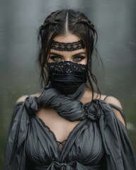Naklejka premium Mystical Gothic Portrait Enigmatic Woman in Ornate Mask and Intricate Jewelry Captivating Eyes and Braided Hair Amidst a Foggy Forested Background Evoking Dark Fantasy and Ethereal Beauty Brainstormin