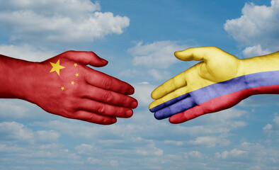 Colombia and China country handshaking with flags, consensus concept international co-operation illustration