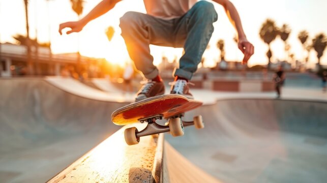 A skateboarder performing a trick on the edge of a ramp at a skate park during sunset, showcasing skill, energy, and the vibrant atmosphere of the skateboarding culture. - Powered by Adobe