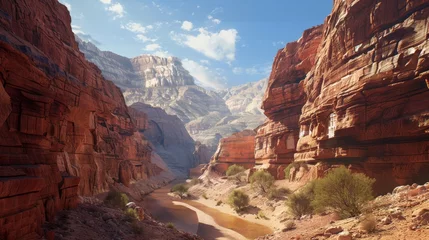 Gardinen Simplistic canyon scenery  red rock walls, serpentine river, blue sky, sunlit terrain © decorator