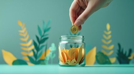 Hand placing a coin in a jar on a clean green background, representing consistent savings for future financial stability.