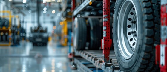 Obraz premium Efficient Transport: Car Wheels Loaded onto Truck for Delivery