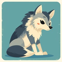 A cartoon wolf with a cute face is sitting on a blue background