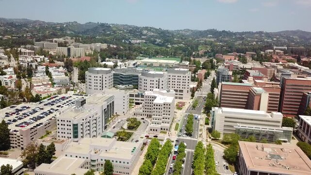 Aerial Shot of Westwood and UCLA in Los Angeles, California with Beverly Hills in the Background During a Summer Day