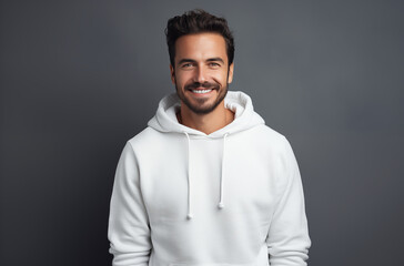 Obraz premium Smiling Man in a White Hoodie Standing Against a Gray Background with a Confident and Friendly Expression