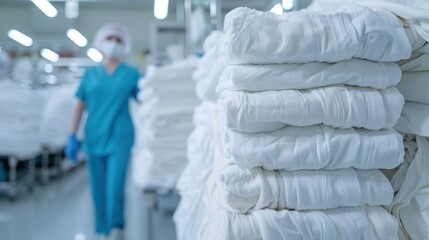 A healthcare professional in scrubs seen walking past stacks of neatly folded white linens in a hospital setting, indicating cleanliness and order.