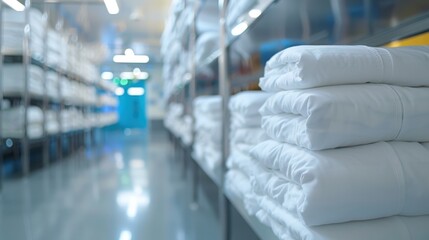 Stacks of folded white linens neatly organized on shelves in a hospital corridor, reflecting the importance of hygiene and efficiency in medical environments.