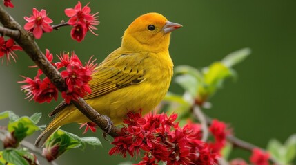 Fototapeta premium Bright yellow bird perched on a blooming branch with vivid red flowers, surrounded by a lush green background.