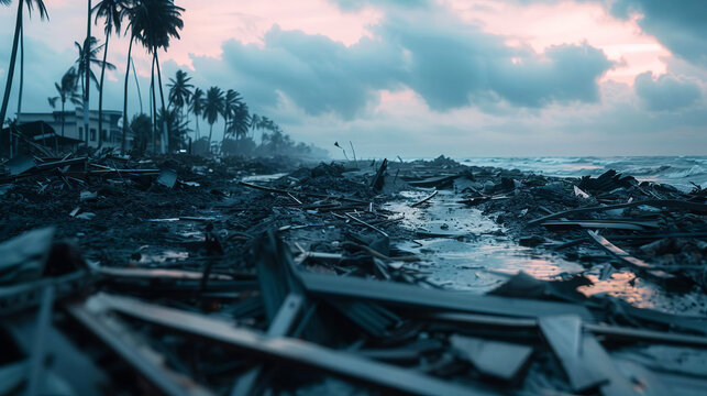 The aftermath of a tsunami with debris scattered