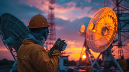 Fototapeta premium A team of engineers works on inspection and maintenance of satellite dish antennas.