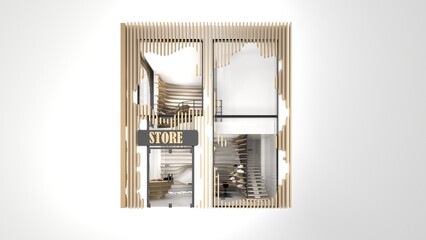 Store extrerior rendering with white background- Store with parametric wood facade and abstract fenestrations
