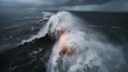 Obraz premium A gigantic ocean wave crashes with an intense light at its core, capturing a moment of extraordinary natural power and energy in the midst of a fierce oceanic storm.