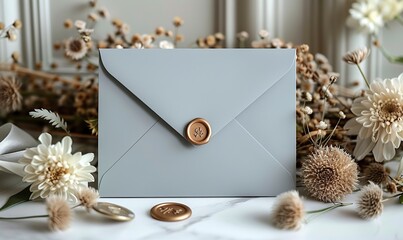 elegant wedding stationery mockup scene blank invitation card grey envelope,wax seal stamp dried flowers golden rings on white background