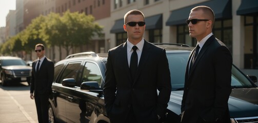 Secret service, Two men in black suits and sunglasses stand guard by a black car. Ideal for concepts related to security, protection, VIP, corporate events, and business meetings.