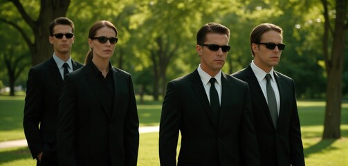 Secret service, Four people in black suits and sunglasses stand in a green park, possibly part of a security detail, ready to perform a mission. security, protection, corporate events,