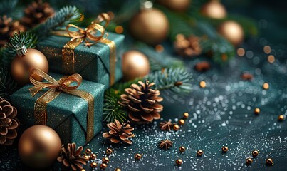 dark green christmas background,gift box baubles star snowflakes happy new year banner merry christmas greeting card template