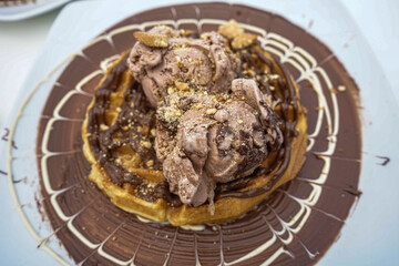 Waffle with chocolate ice cream and biscuit