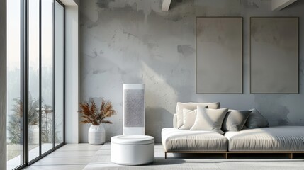 The living room has a white interior with an air purifier in the middle.