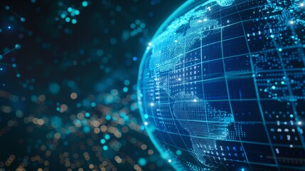 Obraz premium Blue hologram globe with data streams, depicting ai global networks closeup realistic photo