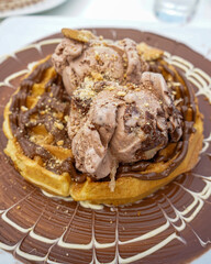 Waffle with chocolate ice cream and biscuit