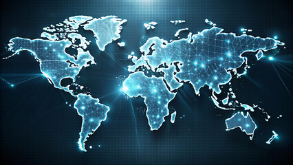 Naklejka premium The image shows a blue world map with code and a dark blue background