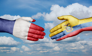 Ecuador and France country handshaking with flags, consensus concept international co-operation illustration