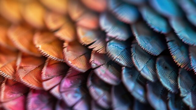 A close-up image showcasing an abstract, colorful pattern of scales with hues of blue, red, and yellow, symbolizing diversity, beauty, and the intricate designs found in nature.