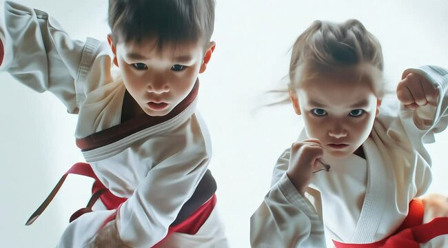 A very cute boy and girl, both wearing taekwondo uniforms, are posing mid-air in a flying kick against a pure white background, captured in super detail.