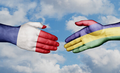 Mauritius and France country handshaking with flags, consensus concept international co-operation illustration