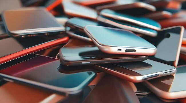 Multiple mobile phones are stacked on a table with a backdrop displaying various types and models of smartphones, highlighting concepts related to technology, advertising, sales, and marketing.