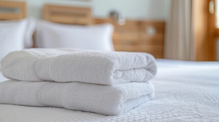 A pair of white towels neatly folded and stacked on a plush hotel bed, illuminated by natural light, epitomizing the essence of hospitality, comfort, and neatness.