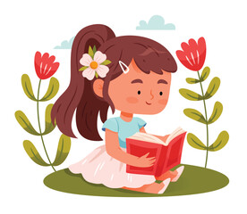 A girl reads a book among flowers.Education and recreation concept. Illustration in cartoon style