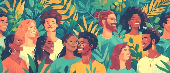 Diverse group of people smiling in joy in the park, a unique crowd, ethnic diversity 