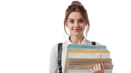 A businesswoman holding a stack of documents or folders, isolated on a white background.