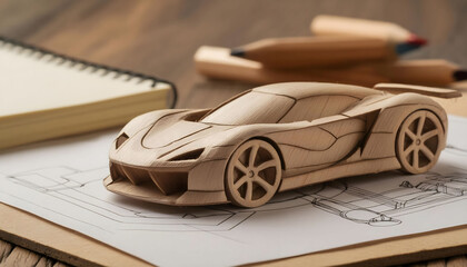 Wooden Supercar Model on a Blueprint, Close Up