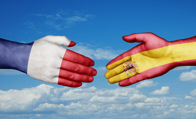 Spain and France country handshaking with flags, consensus concept international co-operation illustration