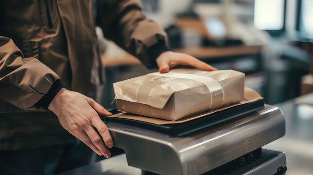 A person weighing a package on a scale at the post office