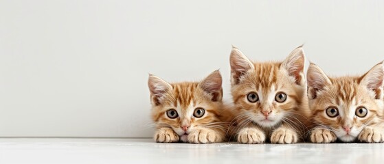 Three adorable tabby kittens lying on a white surface, curiously staring. Perfect for cat lovers and pet-themed designs.