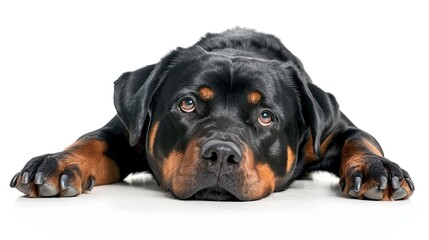 Obraz premium A Rottweiler lying down with a relaxed expression, isolated on a white background
